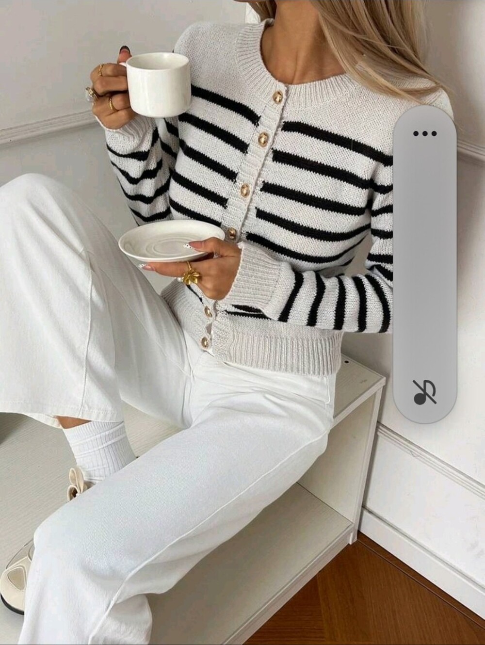 Gold-Button Striped Crewneck Cardigan - Light Gray & Black - Picture 11 of 12